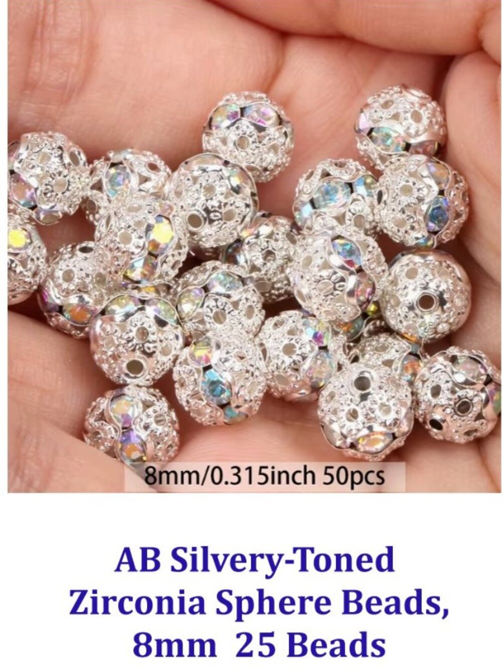 AB Silvery-Toned Zirconia Sphere Beads, 8mm 25 Beads